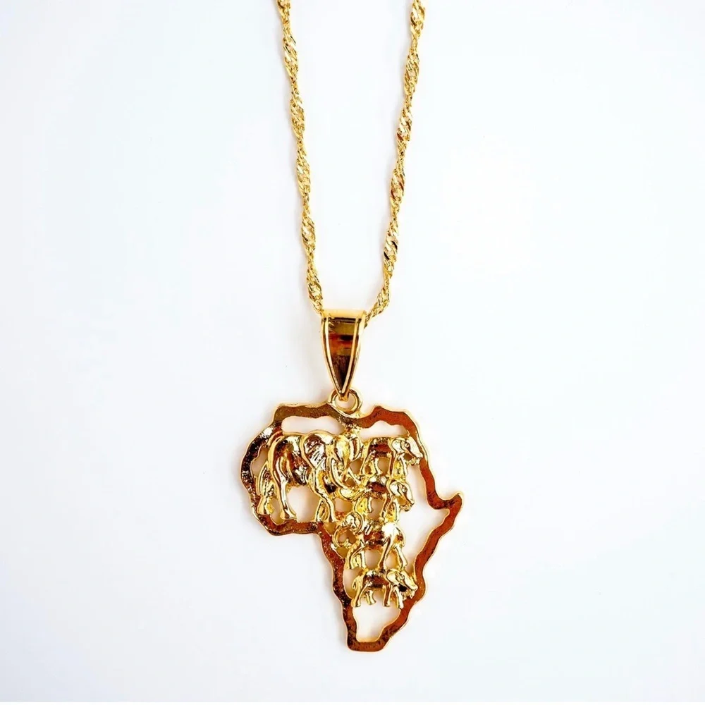 Gold Africa Pendant Necklace, Africa elephant necklace